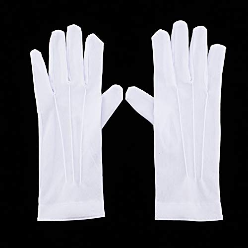 White Stitched Cotton Gloves for Formal Tuxedo Jewelry Inspection, 2 Pairs (Nylon 10 Inch)