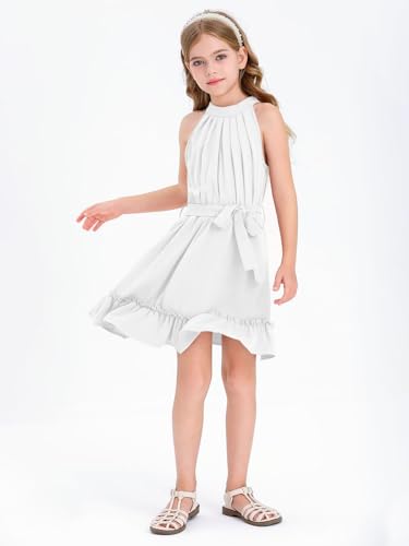 Halomoning Girl's Dress Sleeveless Simple Classic Casual Knee Length for Children Summer Princess Party Wedding Tie Waist A-Line