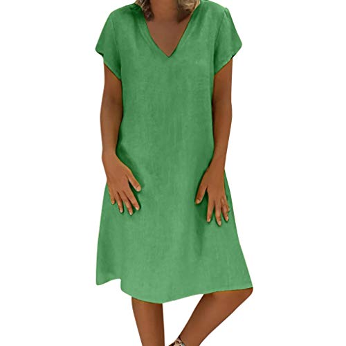 Sunmoot Casual Linen Loose Plain Simple Dress for Women, Plain Simple Solid V-Neck Plus Size Midi Dress - Thumbnail 6