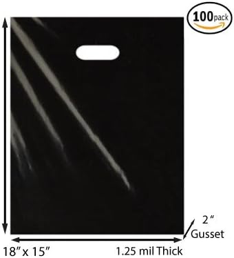 Black Merchandise Plastic Shopping Bags - 100 Pack 15" x 18" 1.25 mil Thick, 2 in Gusset - Die Cut Handles - Perfect for Retail, Party Favors, Birthdays, Parties - Color Black - 100% Recyclable