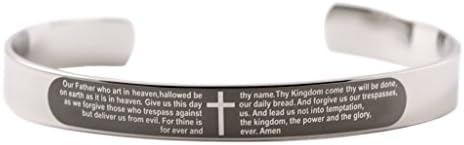 Our Father Prayer With Cross Design Cuff Bracelet - Stainless Steel Religious Bracelet