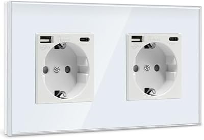 Doble Enchufe de Pared USB(Max. 2.1A) con Tipo C Port,Blanco Schuko Enchufe,Toma de Corriente con 2 x Cargadores USB y Tipo C Adecuado para Smartphone MP3 Tablet,para Cocina,Dormitorio