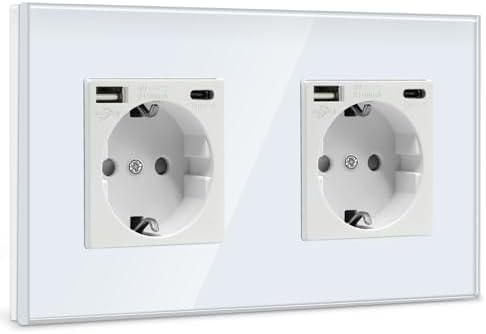 Tomada USB dupla (máximo 2.1A) com porta Tipo C, ficha Schuko branca, tomada elétrica com 2 carregadores USB x e Tipo C Adequada para smartphone, tablets MP3, cozinha, quarto