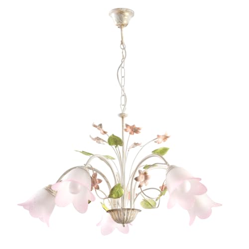 ONLI - chandelier ceiling light Bottonoro collection. design made in Italy. classic and elegant style, white and rose color, white glass shades, traditional shape. flower decorations. diameter 65cm 5 lights E14.