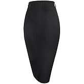 Houmous Women's Cotton Work Pencil Skirt Stretch Office Midi Below Knee Bodycon Belt Loops Back Slit Pockets