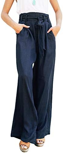 Klousilover Womens High Waist Belted Palazzo Pant Wide Leg Casual Loose Denim Pants