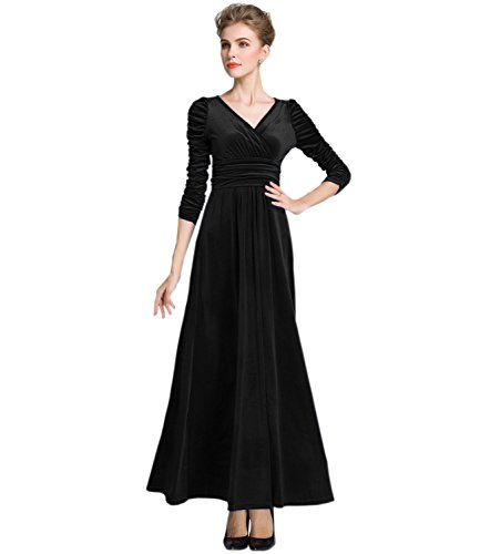 MedeShe Women's Christmas Long Sleeve V Neck Velvet Maxi Dress (4/6, Black)