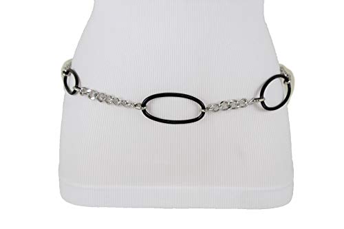 TFJ Women Metal Chain Fashion Belt Hip High Waist Black Oval Ring Charms Size XS S M Silver