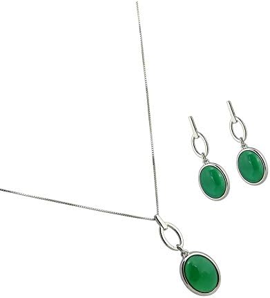 Rhodium Plated Metal Base Set with Earrings and Necklace - Green Agate Natural Gemstone