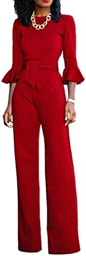 Evesymil Women Elegant Round Neck Flare Sleeve Wide Leg Pants Clubwear Jumpsuit Rompers With Belt Red M
