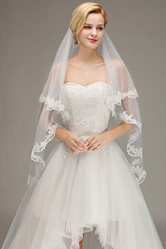 Women's Short 2 Tier Lace Wedding Bridal Veil With Comb,Ivory - Thumbnail 2