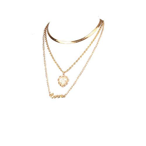 3 Layered Necklace,Haluoo Women Fashion Gold Plated Cuff Choker Necklace Dainty Rhinestones Heart Cross Pendant Clavicle Necklace Delicate Love Letter Pendant Sweater Chain Necklace (Gold)