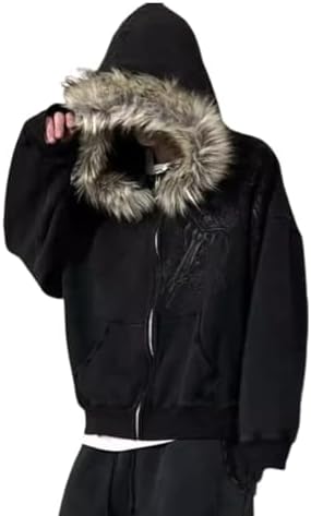 OANTGM Y2k Zip Up Hoodie Fur Jackets Emo Grunge Crop Winter Coats