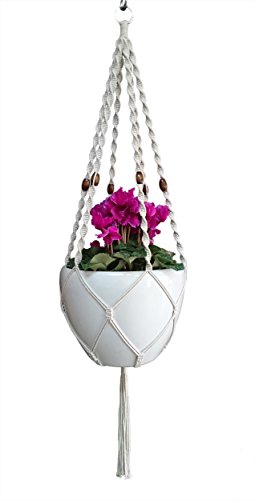 6 Legs Macrame Natural Jute and Cotton Plant Hanger & Holder and Metal Ring, 51-inches Length (Without The White Pot and Plant) (Jute) (Cream-Cotton)