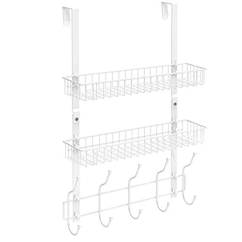 Over The Door Hook 2 Baskets & 5 Hooks Steel Storage Shelf Decorative for Office Home, Storage Organizer Rack for Coat Towel, Jewelry (White) - Thumbnail 3