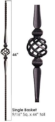 44" x 9/16" Single Basket Gothic Iron Balusters Iron Spindles Metal Stair Parts Hollow. Satin Black (Pack of 15pcs.)