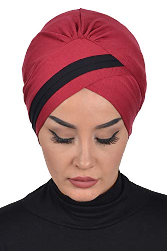 Instant Turban Cotton Scarf Head Wrap Cancer Chemo Headwear Two Colored Maroon - Thumbnail 2