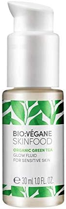 BIO:VÉGANE SKINFOOD Bio Green Tee Glow Fluid para pieles sensibles, iluminador con pigmentos brillantes, rápida absorción, vegano, certificado NATRUE, cosmética natural, 30 ml