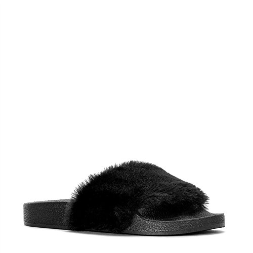 JeffreyD Women's Flip Flop Faux Fur Soft Slide Flat Slipper Platform Rubber Soles Comfy Sandals (6, Black)