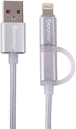 Beyomay 2 in 1 10Ft(3m) Nylon Braided 8 Pin Lightning Cable &amp; Micro USB Cable for Android and IOS Devices Fast Charging and Data Transmission (Silver)