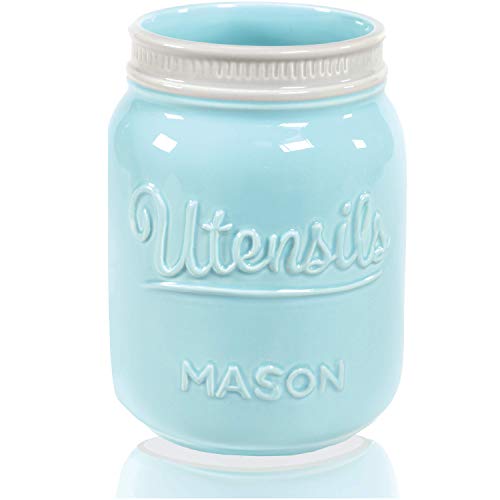 Wide Mouth Mason Utensil Holder - Large Ceramic Kitchen Utensil Holder - Rustic Farmhouse Caddy Organizer For Cooking Utensils, Spatula, Accessories - Beautiful Farm House Countertop Crock Decor