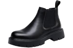 QOOEL Men's Genuine Leather Slip On Chunky Platform Chelsea Boots Luxury Round Toe lug sole Work Dress boots Casual Non Slip Ankle Boots