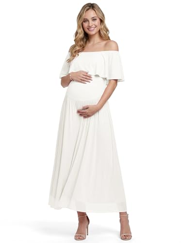 AlisOker Women Off Shoulder Baby Shower Dress Pregnancy Gown Empire Waist Bump-Friendly Maxi Dress for Maternity Photoshoot (Medium, Off-White) at Amazon