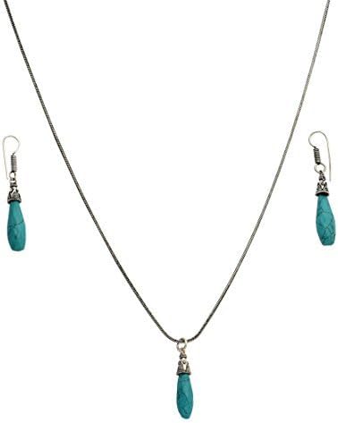 Studiob40 Oxidized Silver Pendant and Earring set with Feroza color Stone