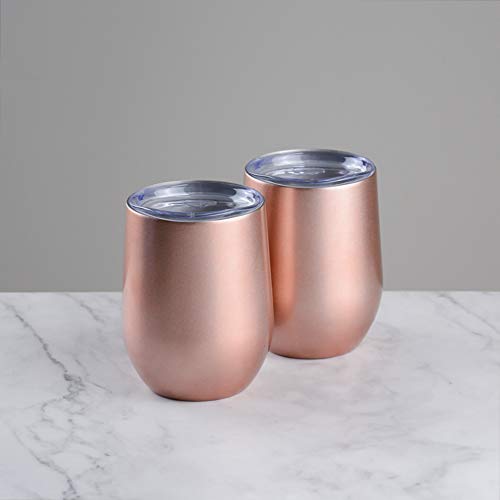 12oz Stainless Steel Stemless Wine Tumbler with Straws -ACOOME Double Wall Vacuum Insulated Wine Glass with Lid,Great Perfect for Wine, Coffee, Drinks,2 Sets (Rose Gold)