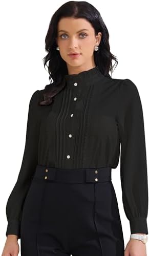 Allegra K Women's Mock Neck Blouse Ruffle Work Office Cotton