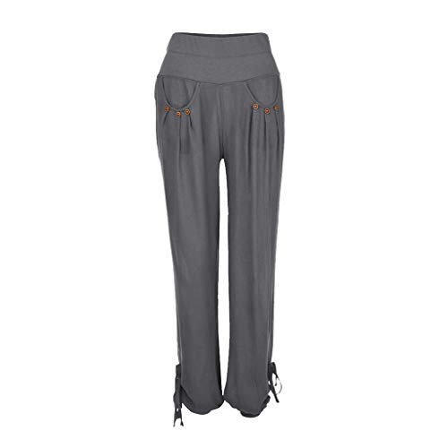 Mnyycxen Womens Casual Loose Plus Size Elastic Waist Cotton Trouser Cropped Wide Leg Pants Gray