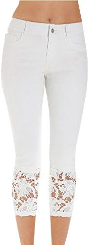 Ermonn Women's Slim Skinny Strtch Lace Spliced Jeans Seventh Pencil Pants