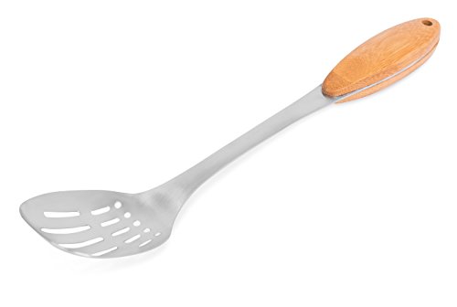Internet's Best Stainless Steel and Bamboo Slotted Serving Spoon | Solid Cooking Buffet Spoon | Wooden Kitchen Utensil