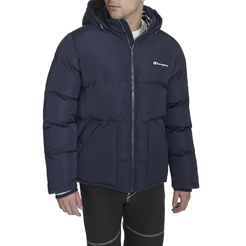 Champion Men's Quilted Full-Zip Hooded Puffer Jacket, Peacoat Patch Pocket, Med…