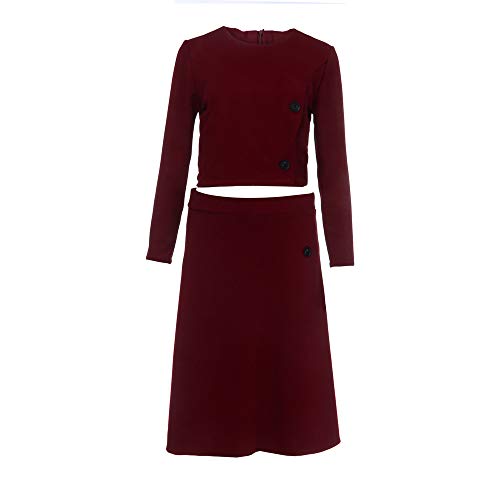Clearance!HOSOME Women Knee-Length Top Women's Autumn Fashion Solid O-Neck Ｗrist Sleeve Button Skirt Suit - Thumbnail 3