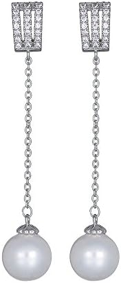 Classic 925 Sterling Silver Stud Pearls Long Drop Earrings for Women