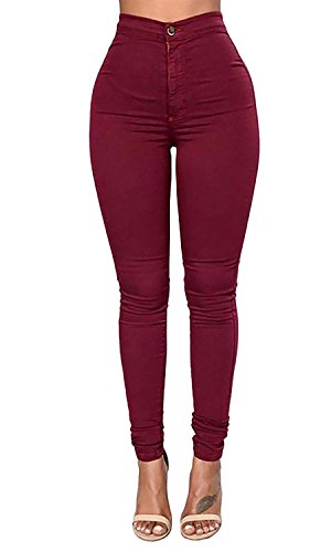 High Waisted Pants Ferbia Womens Stretchy Slim Fit Pencil Pants Ankle Length Trousers Burgundy