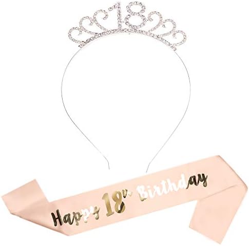 Rzctukltd Birthday Headband and Satin Sash Set for Women, Rose Gold Rhinestone Crown Tiara Birthday Party Supplies [18 Years Old]