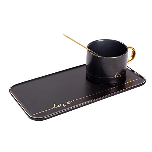 TJ Gobal Porcelain Coffee Mug, Tea Cup with Saucer and Golden Spoon with Gold Scripted Love and Trim for Espresso, Hot Chocolate, Cappuccino, and Latte, 8 Oz. (Black)