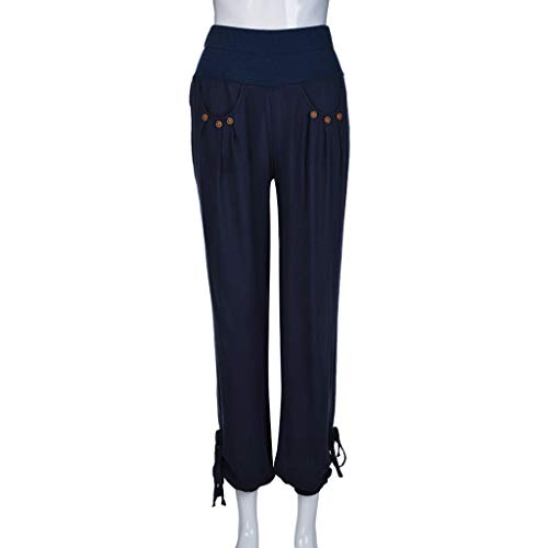 TIFENNY Fashion Harlan Trousers for Women Solid Buttons Cotton and Linen Casual Loose Trouser Wide Leg Pants Close The Foot Blue