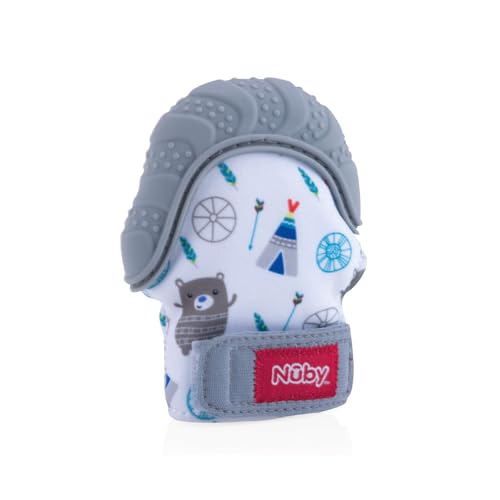 Nuby Soothing Teething Mitten with Hygienic Travel Bag, Grey, 1 Count (Pack of 1)