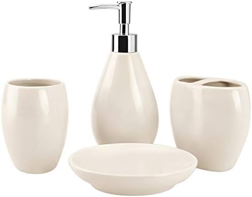 4-Piece Ceramic Bathroom Accessories Set, Bathroom Ensemble Sets for Bath Decor Includes Soap Dispenser Pump, Toothbrush Holder, Tumbler, Soap Dish, Durable Complete Set Bath Organizer (Beige)