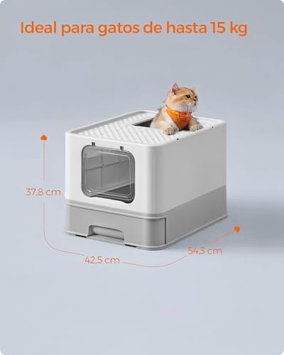 Arenero para Gatos, Caja Arena con Bandeja Extraíble, Pala, Cepillo, Espacioso para Gatos Grandes, Carga de 15 kg, Antifiltración, Antiescapes, Gris Claro y Gris Paloma PPT001GD03