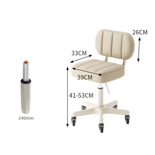 MOZOGOT PU Leather Rolling Stool with Back Rest Height Adjustable, Work Salon Drafting Swivel Task Chair with Wheels for Office Home 300lbs (Beige)