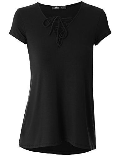 Prime Hot JayJay Women Cute CrissCross Neck Short Sleeve Casual Shirt Top,BLACK,2XL