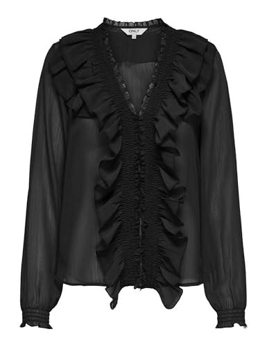 ONLY Onlanina Life LS Ruffel V-Neck Top WVN, Negro, S