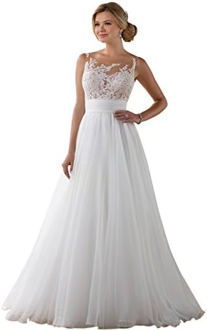 Doramei Women's Tulle Chiffon Appliques Scoop Neckline A-Line 2018 Beach Wedding Dress White 6