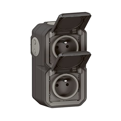 LEGRAND Waterproof Double Socket IP55 with Earth Plexo - Socket 2P + T 16 A Complete with Flap - Surface Mount - Vertical Mount - Made in France - Anthracite