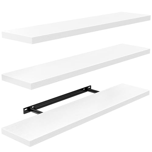 AMADA HOMEFURNISHING 60cm Baldas Flotantes Pared, Estantes de Pared para Baño/Salón/Dormitorio/Cocina, Juego de 3 Estanteria Blanca con Soportes Invisibles – AMFS08