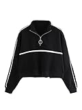 ROMWE Women's Zip Front High Neck Tape Striped Detail Crop Sweatshirt